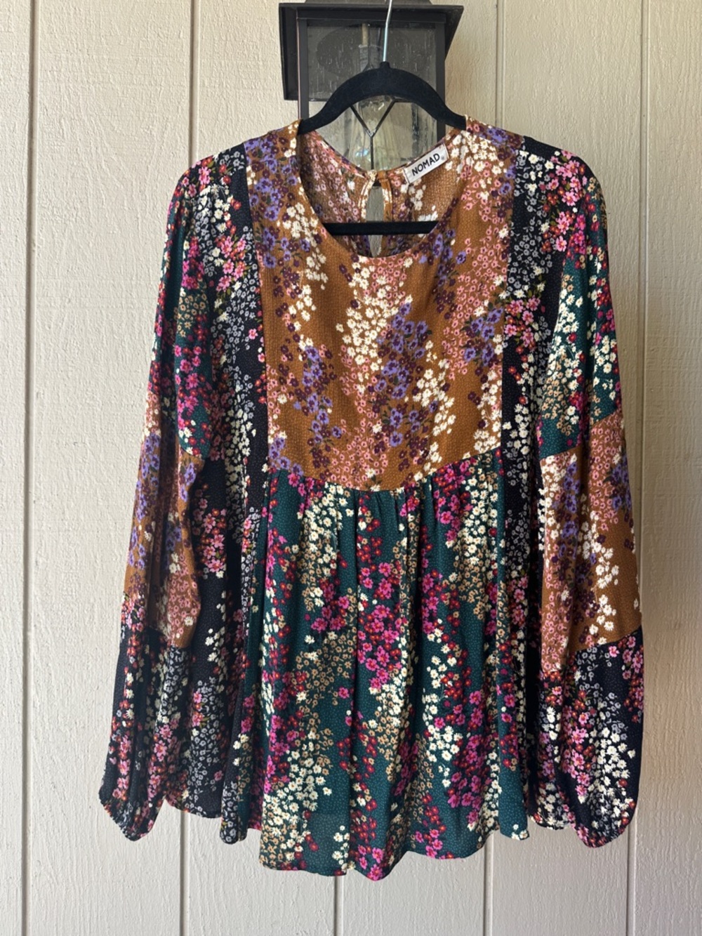 Nomad Floral Patchwork Peasant Blouse - Green, Brown, Black, Pink